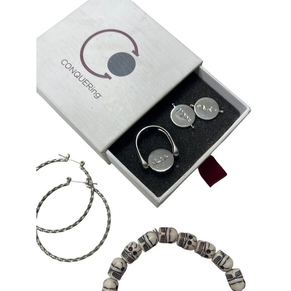 Mixed Gothic Jewelry 7-Piece Set W/ CONQUERing and Skull Scarf - Picture 6 of 7